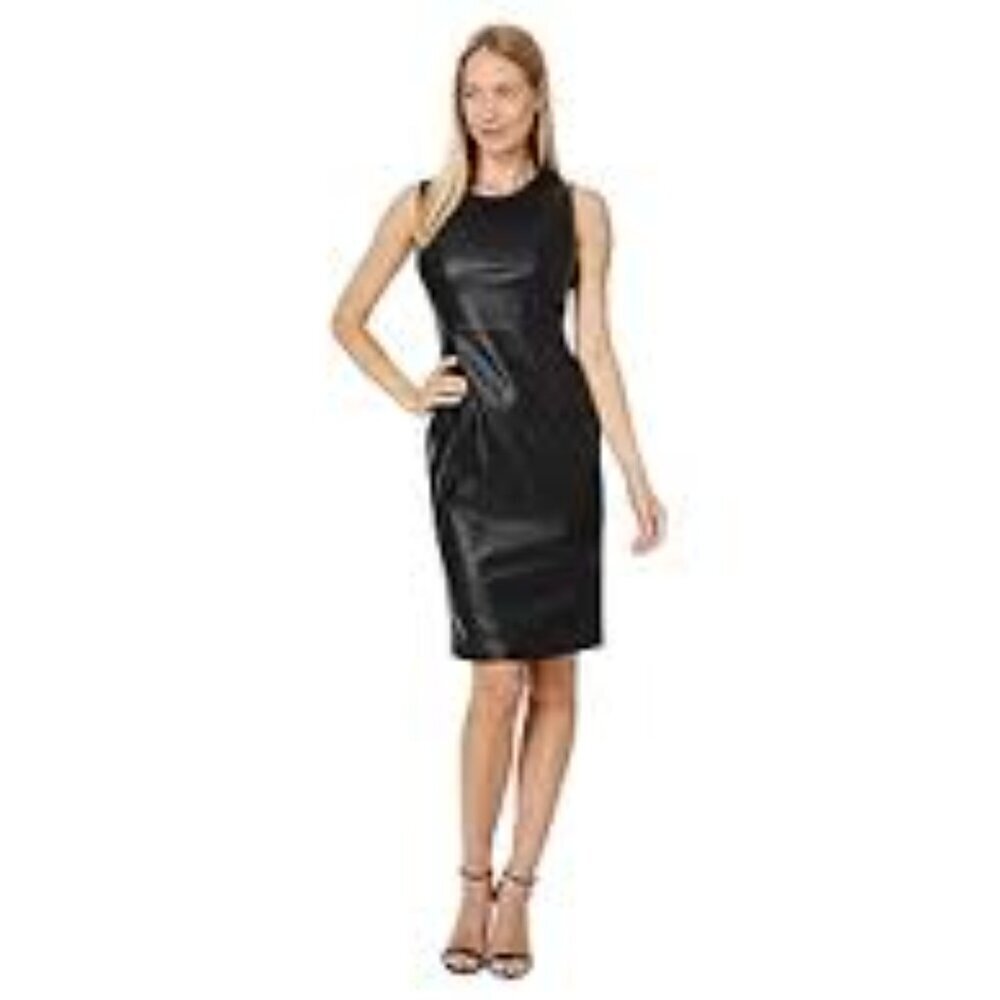 NWT Calvin Klein Faux Leather Black Sleeveless Sheath Midi Dress Size 4